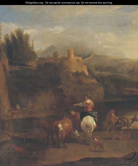 A river landscape with a drover, his cattle and other figures - (after) Nicolaes Berchem
