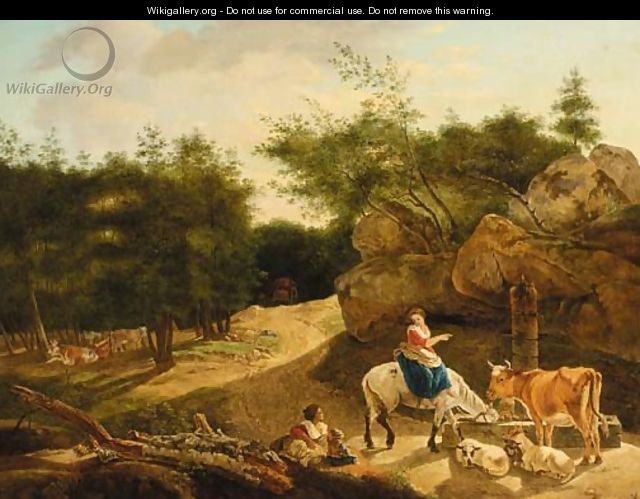 Figures with a horse, bull and sheep watering by a wooded track - (after) Nicolaes Berchem