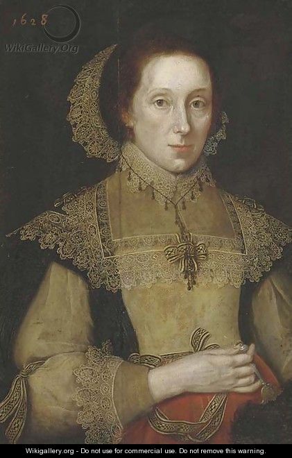 Portrait of a lady, three-quarter-length, in a black, white and red dress, with white lace collar, cuffs and headdress, a fan in her right hand - (after) Michiel Jansz. Van Mierevelt
