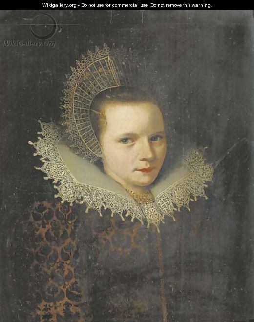 Portrait of a lady, bust length, in a brown velvet dress with a floral pattern and a white lace collar, a gold necklace, and a white lace cap fastened - (after) Michiel Jansz. Van Mierevelt