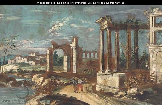 A capriccio of classical ruins with peasants on a track - (after) Michele Marieschi