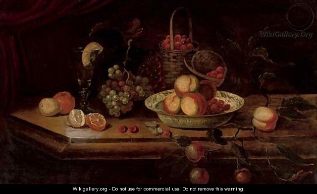 Peaches and berries in a Wanli kraak porcelain bowl with grapes, a peeled lemon and orange, a roemer and a basket of strawberries on a ledge - Osias, the Elder Beert