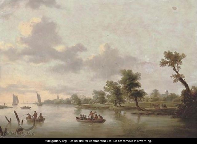 A river landscape with anglers in boats, a village beyond - (after) Norbert Joseph Carl Grund