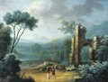 A wooded landscape with figures on a path by classical ruins - (after) Norbert Joseph Carl Grund