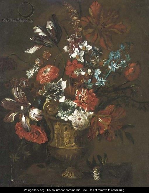 Parrot tulips, chrysanthemums, morning glory, narcissi and other flowers in an urn on a ledge - (after) Nicolo Stanchi