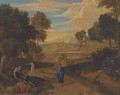 An Italianate wooded landscape with classical figures on a path, a river beyond - (after) Nicolas Poussin