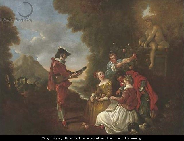 Elegant company in a landscape with a gentleman making music - (after) Lancret, Nicolas