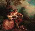 An elegant couple with a caged bird in a landscape - (after) Lancret, Nicolas