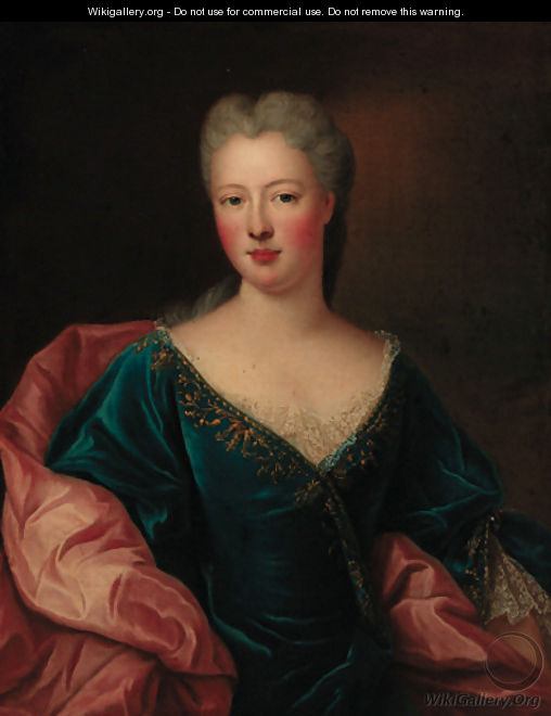 Portrait of a lady, half-length, in a blue dress with a white wrap - (after) Nicolas De Largilliere