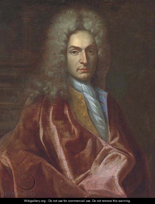Portrait of a gentleman, half-length, wearing a red velvet cloak and white cravat - (after) Nicolas De Largilliere