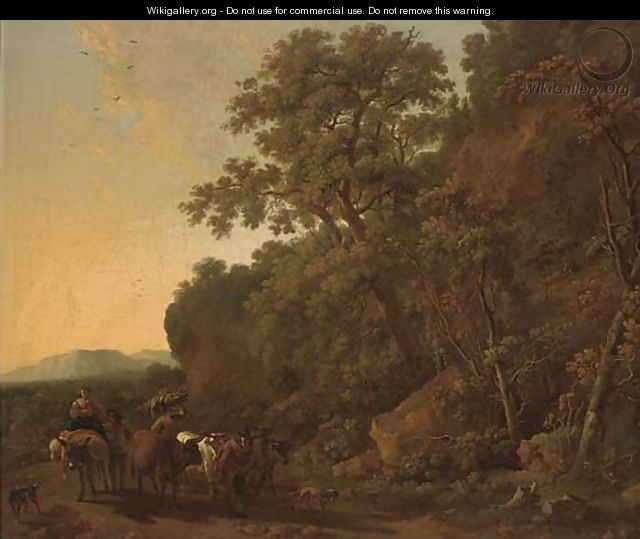 A wooded landscape with a drover and his cattle with other travellers on a track - (after) Nicolaes Berchem