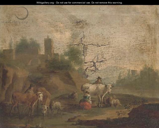 A landscape with a milkmaid, cattle and other figures by a river - (after) Nicolaes Berchem