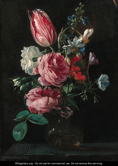 Roses, narcissi, a parrot tulip and other flowers in a glass vase on a ledge - (after) Nicolaes Van Veerendael