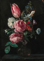Roses, narcissi, a parrot tulip and other flowers in a glass vase on a ledge - (after) Nicolaes Van Veerendael