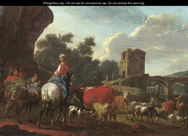 Cowherds with cattle, sheep and goats crossing a river by a bridge in an Italianate landscape - (after) Nicolaes Berchem