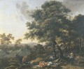 A wooded mountainous landscape with travellers and herdsmen on a track - (after) Nicolaes Berchem