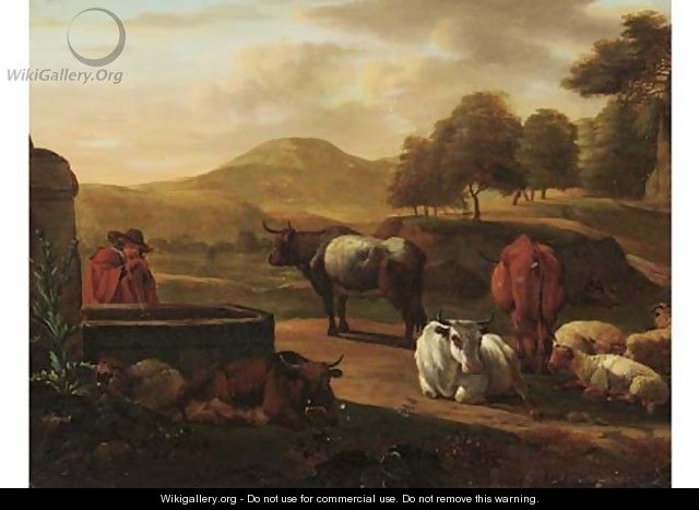 A shepherd drinking water from a fountain, cattle and sheep nearby, in a mountainous landscape - (after) Nicolaes Berchem