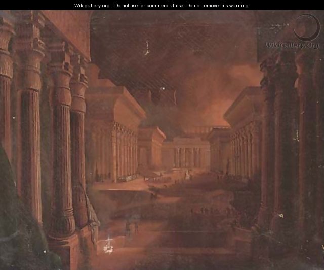 Figures among extensive Egyptian buildings - (after) John Martin