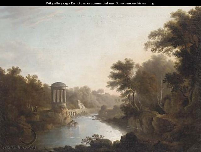 Figures by a folly, with buildings beyond - (after) John Glover