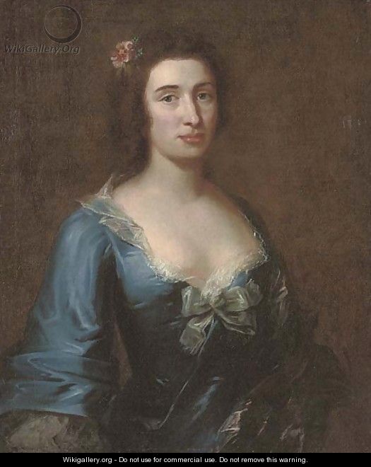 Portrait of a lady, half-length, in a blue dress with lace trim and a bow, flowers in her hair - (after) Highmore, Joseph