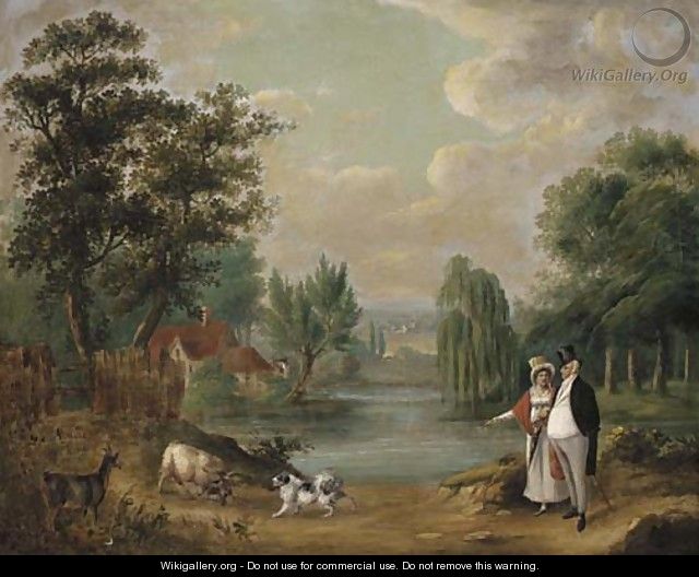 An elegant couple walking with their dog in a lake landscape - (after) Farington, Joseph