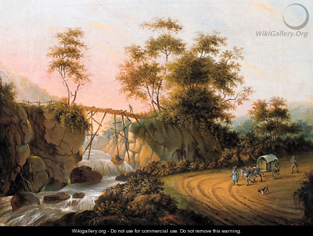 Peasants returning from a market on a road by a waterfall in an Italianate landscape - (after) Joseph Augustus Knip