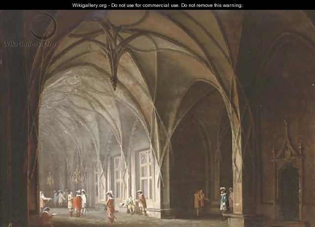 Cavaliers conversing in a gothic atrium; and A prisoner in a dungeon - (after) Josef Platzer