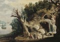 A mountainous river landscape with travellers on a track by a waterfall - (after) Joos Or Josse De, The Younger Momper