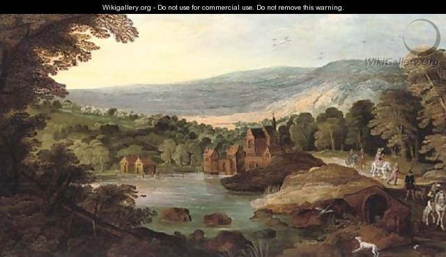 A wooded landscape with travellers on a road, a lake and a town nearby - (after) Joos Or Josse De, The Younger Momper