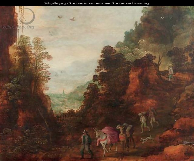 A rocky wooded landscape with travellers and mules on a track - (after) Joos Or Josse De, The Younger Momper