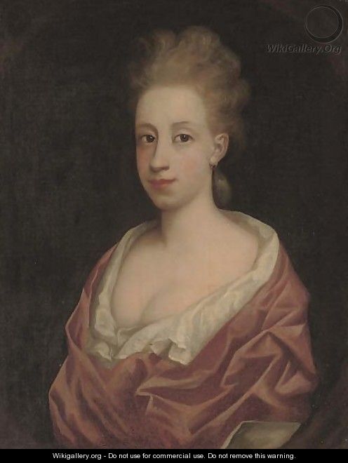 Portrait of a lady, bust-length, in a white dress and pink wrap, in a feigned oval - (after) Richardson. Jonathan