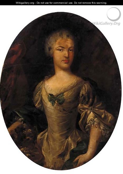Portrait of a lady, half-length, in a cream dress and green wrap - (after) John Vanderbank