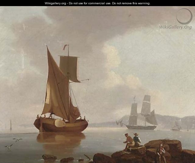 A merchantman and a barge in a calm offshore, with fishermen on the rocks in the foreground - (after) John Thomas Serres