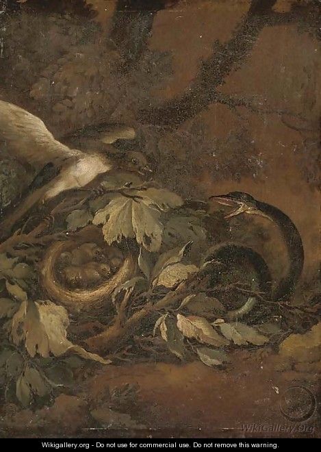 A snake startling a bird and a nest of chicks on a forest floor - (after) Carl Wilhelm De Hamilton