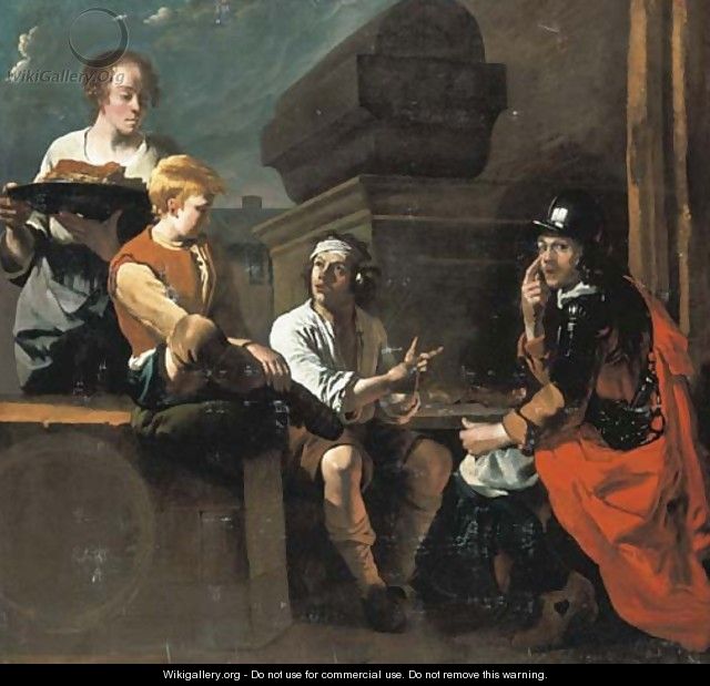 Peasants and a soldier eating and conversing - (after) Karel Dujardin