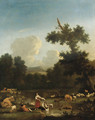 A wooded landscape with women washing clothesby a lake, with herdsmen, cattle and sheep - (after) Of Karel Dujardin