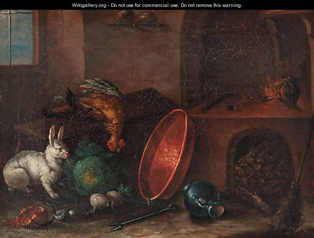 A rabbit near a cabbage, a copper pan and other utensils in a kitchen - (after) Justus Juncker