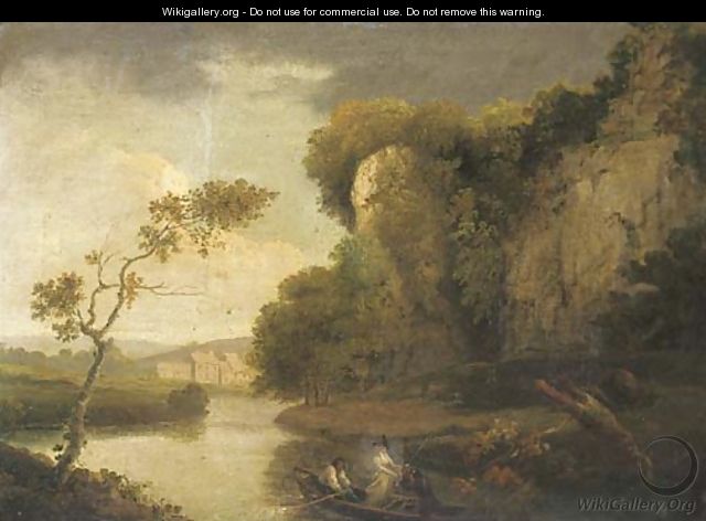 Figures in a rowing boat in a river landscape - (after) Julius Caesar Ibbetson