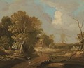 A wooded landscape with travellers on a track, a windmill beyond - (after) Joseph Van Bredael