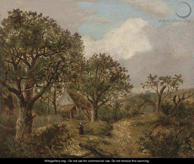 Figures on a wooded path before a cottage - (after) Joseph Thors