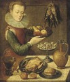 A kitchen maid holding a pewter platter of fruit before a partially draped table with a jug - (after) Lucas Van Valckenborch