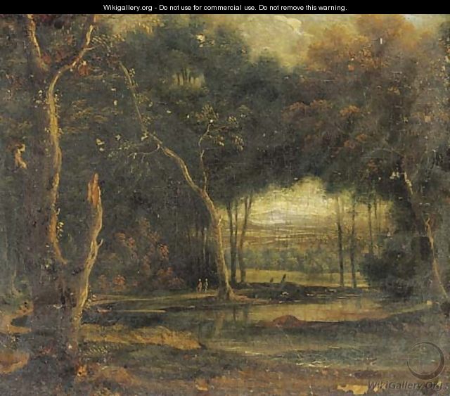 A wooded landscape with figures by a pond - (after) Lucas Van Uden