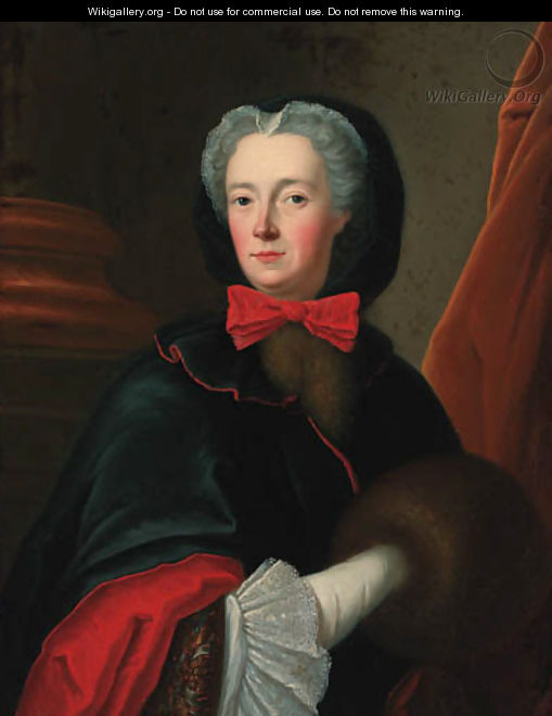 Portrait of a lady, half-length, in a black cloak with a red bow - (after) Louis Tocque