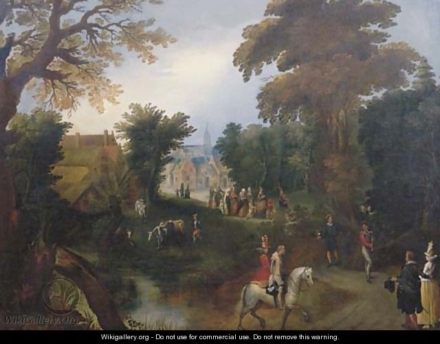 A wooded landscape with elegant company on a path, the Procession of the Bride in a village beyond - (after) Louis De Caullery