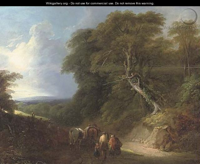 A wooded landscape with travellers on a track - (after) Lodewijk De Vadder
