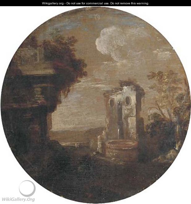 A capriccio of classical ruins with a fountain - (after) Leonardo Coccorante