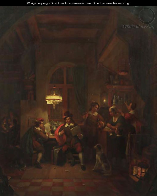 An artist showing designs to a client in a candle-lit tavern - Georg-Gillis Haanen