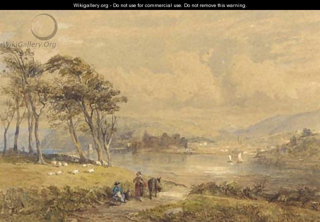 Figures resting beside a lake, a town in the distance - George Haynes