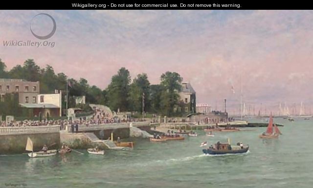 Big-class yachts racing at the regatta at Cowes, elegant figures on the esplanade - George Gregory