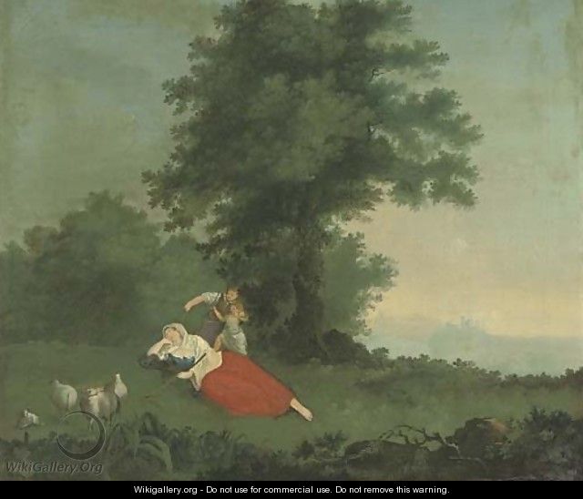 A shepherdess and children in an extensive landscape - George Holmes